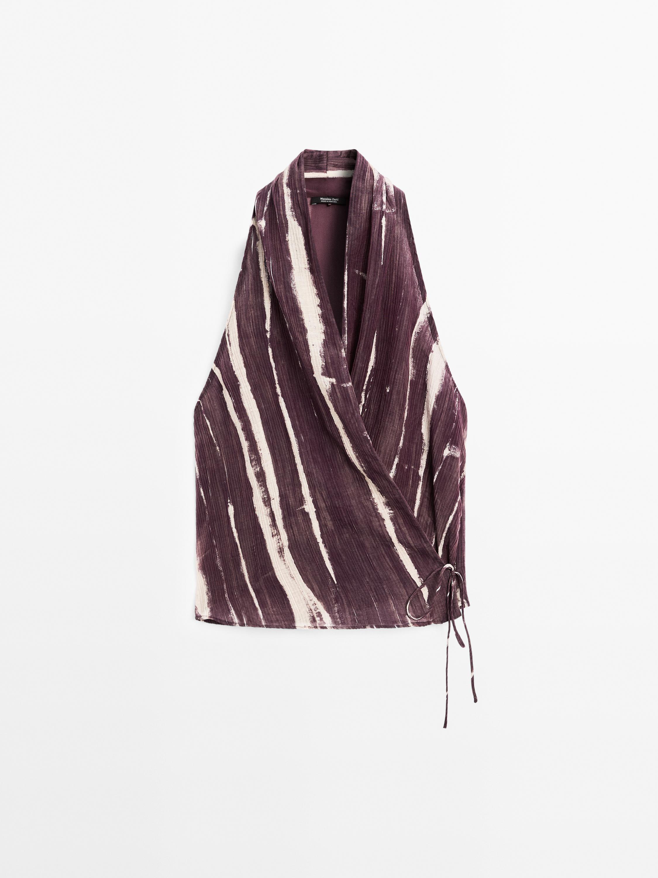 Stripe print crossover halter top